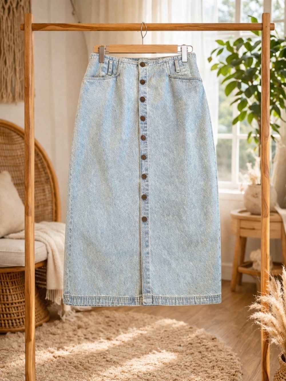 Vintage Bill Blass Denim Midi Skirt Button Front High Waist 10P - Picture 1 of 8